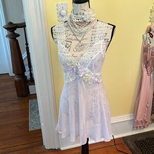 Linea Donatella Sz M Lavendar Sheer Floral Lace Strap Slip Chemise Negligee EUC